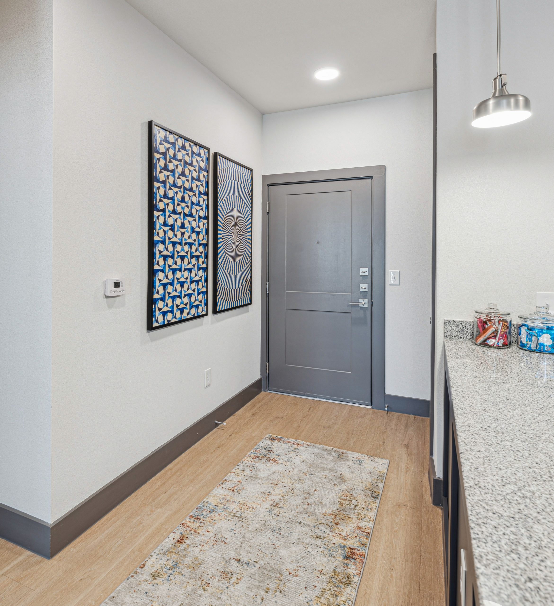 a hallway with a door and a rug at The Legacy at Veramendi Apartments
